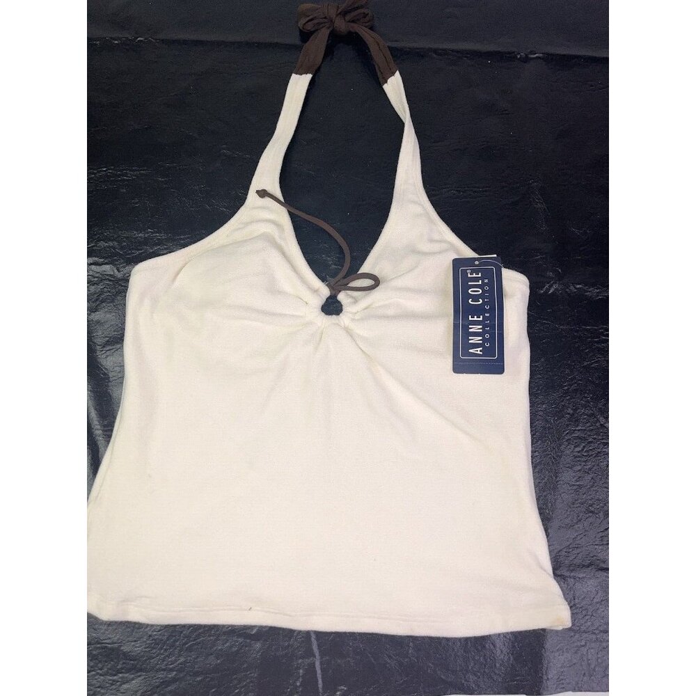 NEW Halter Tank Top Terry Cloth  Anne Cole 12 Built In Bra Ivory Brown Tie $98